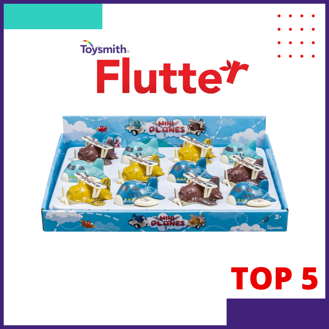 A display box of Toysmith 4in Mini Friction Planes by Toysmith features colorful mini planes against a blue sky background. These fun kids' toys are labeled "TOP 5" in bold red text at the bottom right corner.